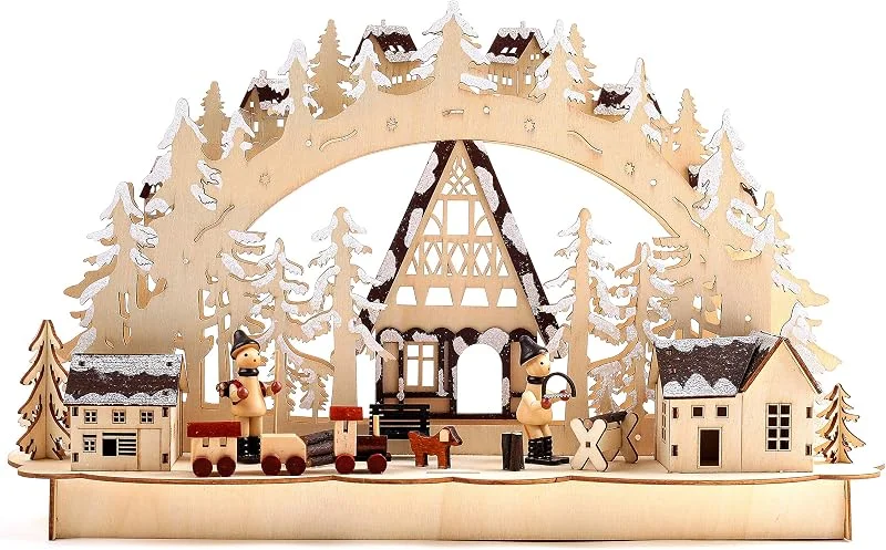 Besuche den BRUBAKER-Store BRUBAKER 3D LED Lichterbogen Schwibbogen Winterlandschaft mit Holzarbeitern — Weihnachtsdeko