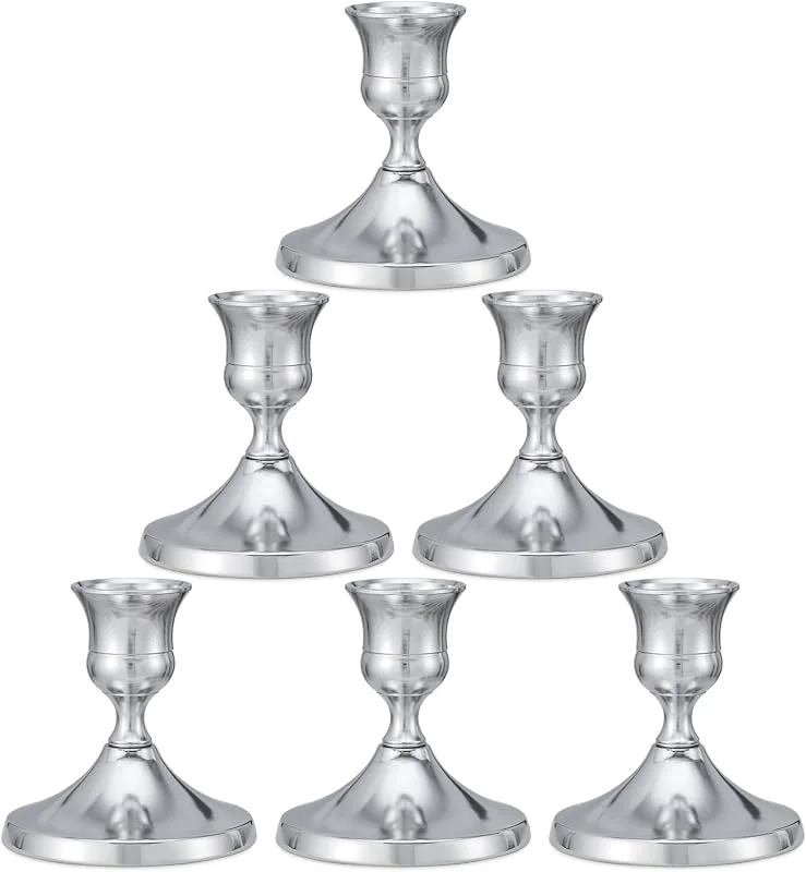 Marke: DECKALY Kerzenhalter, Spitzkerzenhalter, 6 Stück, silberfarbenes Kerzenhalter-Set für Tischdekoration, Vintage-Kerzenständer für Tischdekoration, Hochzeiten, Festivals und Partys (6, Silber) — Kerzenlicht Abendessen