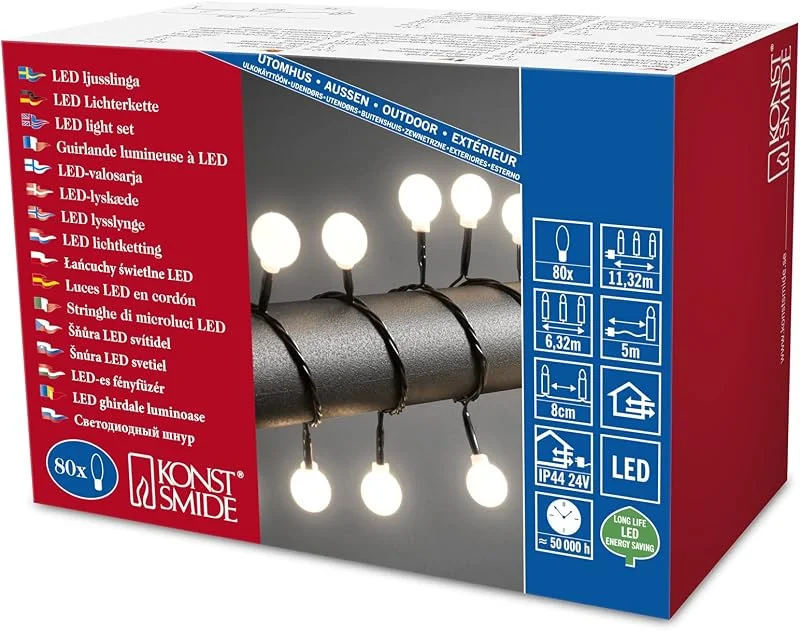 Besuche den Konstsmide-Store Konstsmide LED Globelichterkette, große runde Dioden, 80 warmweiße Dioden, 24V Außentrafo, schwarzes Kabel - 3696-107 — Weihnachtsbeleuchtung