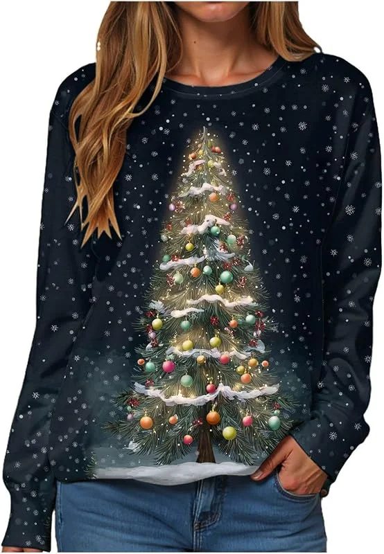 Marke: Generisch Generisch Weihnachtspullover Damen mit Licht, Weihnachtspulli Lustig Langarm, Weihnachtsshirt Damen Langarmshirt Winter mit Weihnachtsbaum Weihnachtsmotiv Warme Weihnachts Oberteile für Frauen — Weihnachtsmode