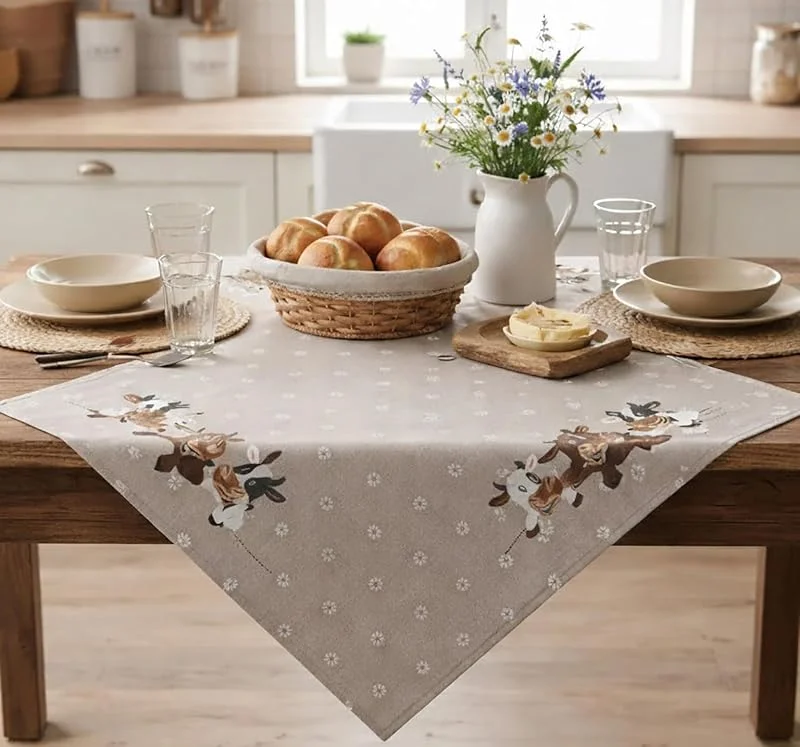 Besuche den KAMACA-Store KAMACA Mitteldecke Lustige Kühe – 85x85 cm Tischdecke mit filigraner Kurbelstickerei – Bauernhof-Dekor für Frühling & Sommer – Hochwertige Tischwäsche Ecru-Braun waschbar & langlebig — Küche & Haushalt