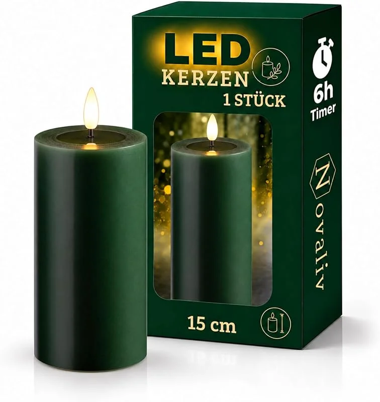 Besuche den Novaliv-Store Novaliv Große LED Stumpenkerze mit Timer grün 7, 5cm ø 15cm Höhe - 2 AA Batterien nötig LED Echtwachskerze mit Flackereffekt flammenlose Stumpenkerze - LED Kerze groß Weihnachtsbeleuchtung — Advent und Tisch