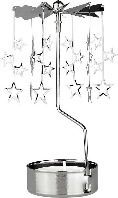 Besuche den BRUBAKER-Store BRUBAKER Teelichtkarussell Silber Weihnachten - Windlicht Karussell aus Metall - Drehender Teelichthalter mit Sternen - Rotierender Kerzenhalter für Teelicht - Weihnachtsdekoration Tischdekoration — Advent und Tisch