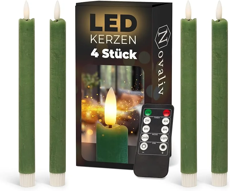 Besuche den Novaliv-Store Novaliv Stabkerzen LED mit Timer Grün 4 Stück Grün indoor - 6 Stunden - ECHTWACHS 23cm Höhe für Kerzen 2, 2cm Durchmesser 2 AAA Batterien notwendig LED Stabkerzen flackernde Flamme bewegliche Flamme — Advent und Tisch