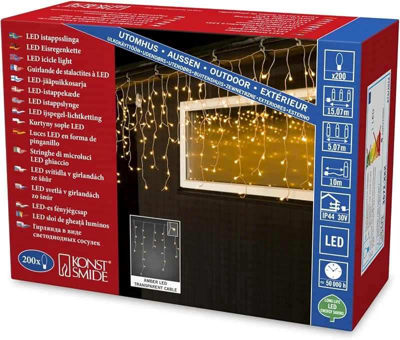 Besuche den Konstsmide-Store Konstsmide LED Eisregen Lichtervorhang, mit weißen Globes, 200 bernsteinfarbene Diode, 24V Außentrafo, transparentes Kabel - 3672-803 — Weihnachtsbeleuchtung