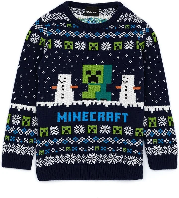 Besuche den Minecraft-Store Minecraft Weihnachtspullover für Jungen, Kinder-Strickpullover mit Creeper- und Schneegolem-Charakteren in Blau, Selburose-Muster-Festtagspullover für Kinder mit Schneemännern — Weihnachtsmode
