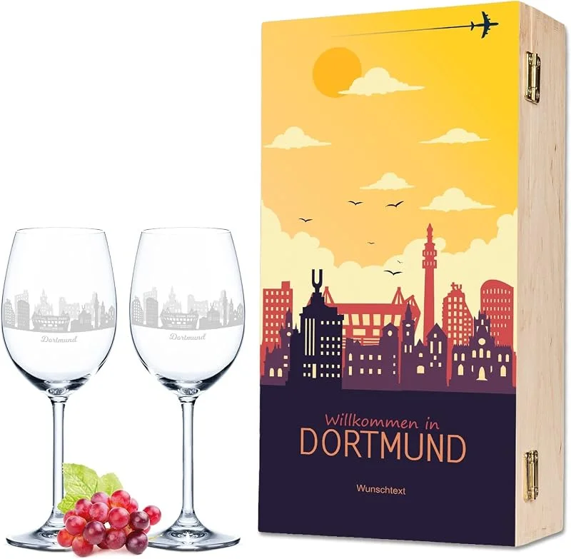 Besuche den GRAVURZEILE-Store GRAVURZEILE Weingläser mit Gravur - Skyline Dortmund als Set - Personalisiert mit Wunschtext inkl. bedruckter Holzkiste - Souvenir Andenken & Mitbringsel - Geschenk für Sie & Ihn — Wein und Festtafel