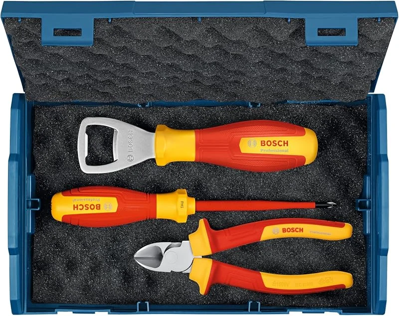 Bosch Professional 3-tlg. Handwerkzeug-Set (inkl. 1x VDE-Schraubendreher (PH1), 1 x VDE-Seitenschneider (160mm) und 1 x Flaschenöffner, in L-Boxx Mini) — Wein und Festtafel
