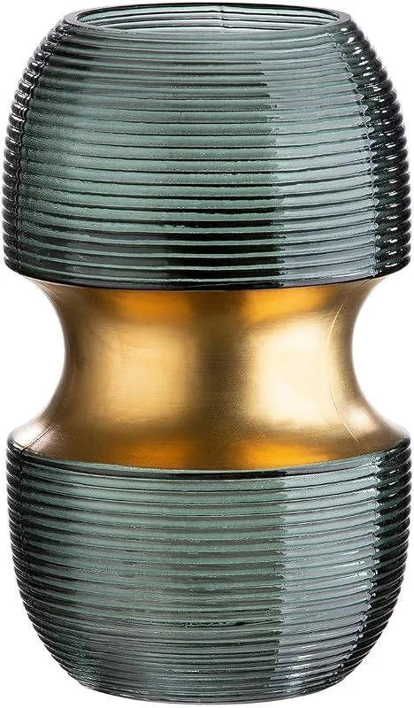 Besuche den GILDE-Store GILDE Deko Vase Glasvase - Moderne Blumenvase mit Rillen Design - Geschenk Geburtstag Tischdeko Weihnachten Hochzeit Goldhochzeit - Farbe: Grün Gold Höhe 22 cm — Advent und Tisch