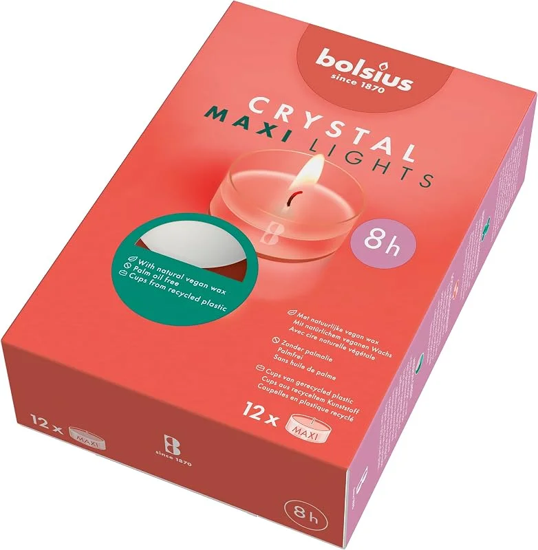 Besuche den bolsius-Store bolsius – Maxi XL Teelichter Clear Cup Transparente Hülle Weiß Brenndauer 8 Stunden - 12 Stück im Karton mit Pflanzliches Wachs, 8h box 12 — Kerzenlicht Abendessen