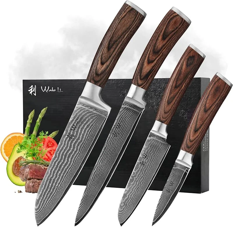 Besuche den Wakoli-Store Wakoli Damastmesserset 4-teilig mit VG10-Stahlkern und Pakkaholzgriffen — Küche & Haushalt