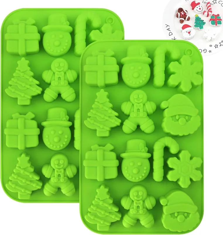 Marke: Joygoodta Weihnachts-Silikon-Schokoladenformen, 2 Stück mit 14 Mulden und 7 Designs, darunter Weihnachtsbaum, Schneemann, Weihnachtsmann, Schneeflocke, Zuckerstange und Lebkuchenmann — Weihnachtskueche