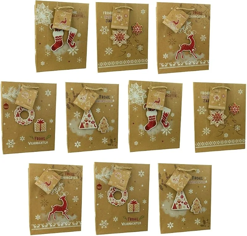 Besuche den HRB-Store HRB Geschenktüten, 10 Stück für Weihnachten 23 x 18 x 10cm mit 3D Applikationen, stabile Weihnachtstüten, weihnachtliche Geschenkverpackung (Braun, Medium)