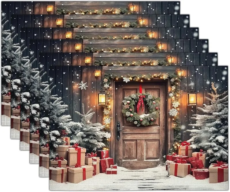 Marke: GDJSMIN 4er Set Platzset Weihnachten Tischset Braun Weihnachten Leinen Platzdeckchen 30x45cm Weihnachtsveranda-Szene Tischsets mit Elemente Für Eine Weihnachtskranz-Geschenkbox Aus Holztür Weihnachtsdeko — Küche & Haushalt