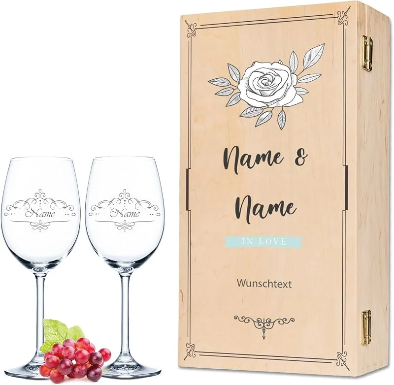 Besuche den GRAVURZEILE-Store GRAVURZEILE Rotweingläser mit Gravur - Vintage Weinranke mit Holzkiste — Wein und Festtafel