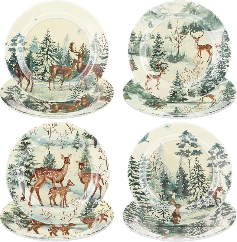 Marke: Gandeer Melamin-Dessertteller für den Winter, verschiedene Designs, Weihnachtsgeschirr, Geschirr-Set für Weihnachten, Geburtstag, Party, Geschenk, Vorspeise (Elch, Grün, 20, 3 cm), 8 Stück, 8 Stück — Advent und Tisch