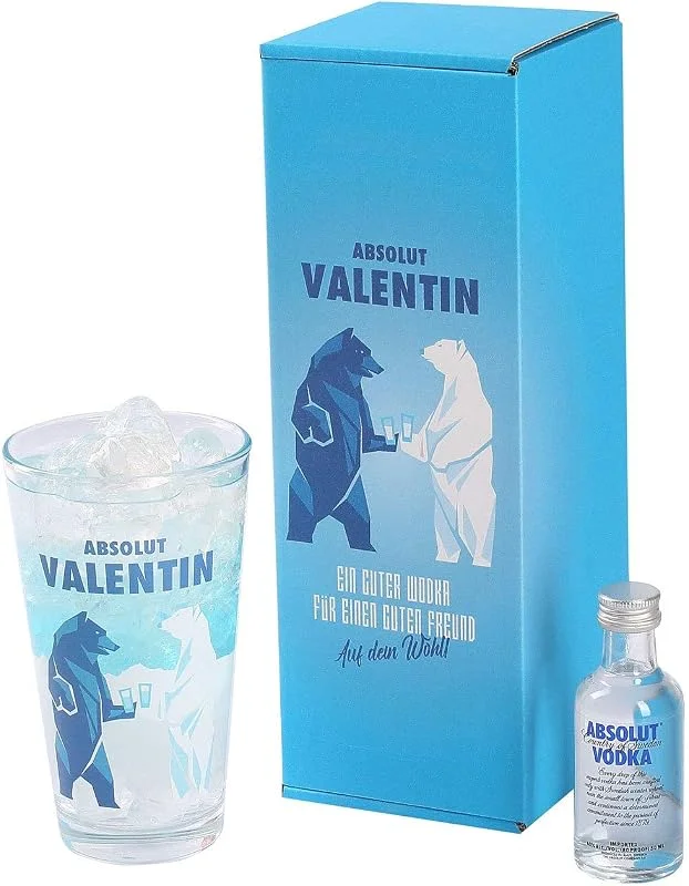 Besuche den Herz & Heim-Store Herz & Heim® Absolut Vodka Geschenk-Set mit Miniaturflasche Wodka und bedrucktem Longdrinkglas — Geschenkverpackung
