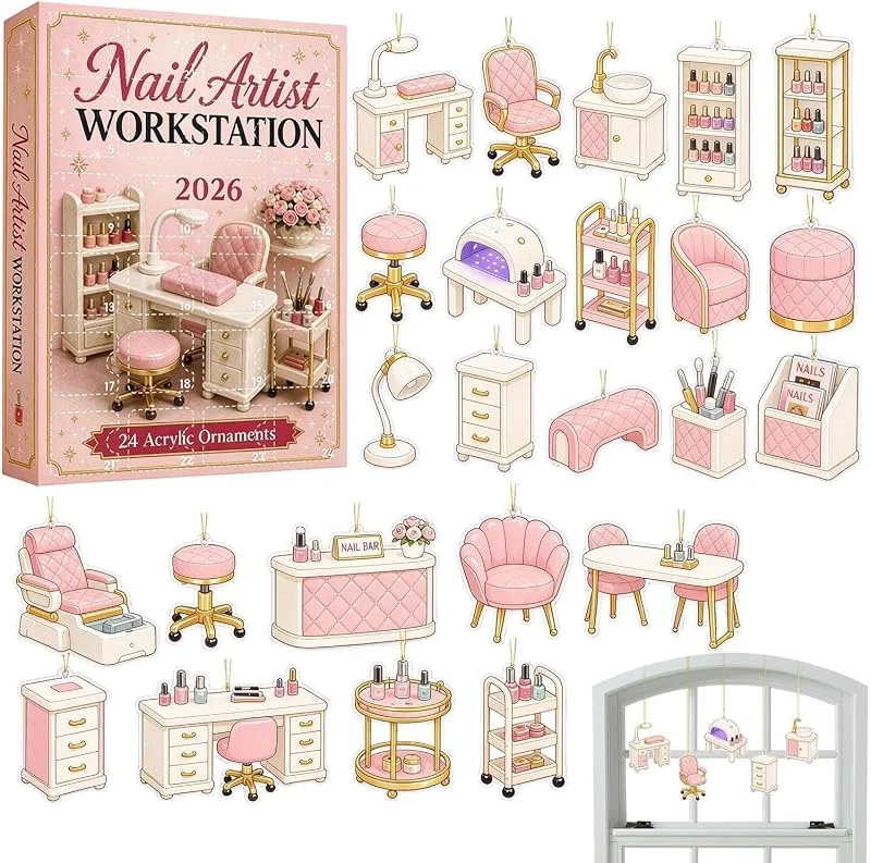 Marke: Generisch Weihnachts-Countdown-Kalender 2026 2D Acryl 24-Tage-Nageldesign-Ornamente — Weihnachtsdeko