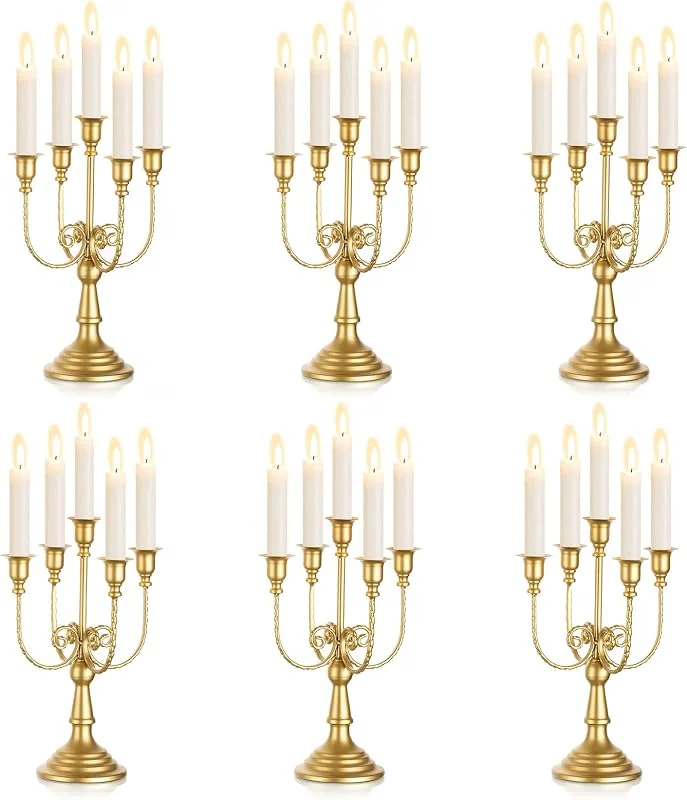 Besuche den Sziqiqi-Store Sziqiqi Kerzenhalter aus Metall, goldfarben, Set mit 6-5-armigen Metall-Kerzenhaltern für Stabkerzen für Tafelaufsätze, Tisch, Hochzeit, Weihnachten, Kamin, Dekoration, Geburtstag — Kerzenlicht Abendessen