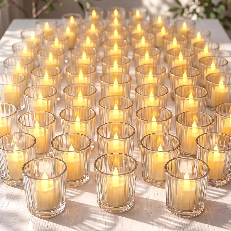 Marke: Mumufy Mumufy 100 Stück Vintage klar gerippte Glas-Teelichter, Votivkerzenhalter, rustikal, geriffelt, Kerzenhalter für Tafelaufsatz, Hochzeit, Tisch, Party, Großpackung, Bauernhaus, Zuhause — Kerzenlicht Abendessen