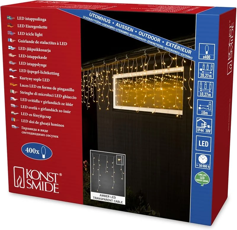 Besuche den Konstsmide-Store Konstsmide LED Eisregen Lichtervorhang, mit weißen Globes, 400 bernsteinfarbene Diode, 24V Außentrafo, transparentes Kabel - 3673-803 — Weihnachtsbeleuchtung