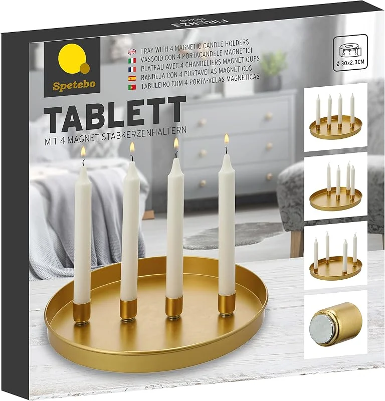Besuche den Spetebo-Store Metall Kerzen Tablett Ø 30 cm mit 4 magnetischen Kerzenhaltern für Stabkerzen - Farbe: Gold - Deko Tablett mit magnetischen Kerzenhaltern - Tafelkerzen Halter Magnet Kerzen Leuchter Ständer — Kerzenlicht Abendessen