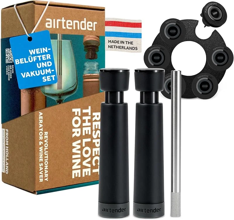 Besuche den Airtender-Store Airtender Vakuum-Set – Weinbelüfter und Vakuumpumpe, Edelstahl und PP, 4-teilig, spülmaschinenfest, für intensiven Geschmack & lange Frische, Ideal für Weinliebhaber mit Geschenkbox — Wein und Festtafel