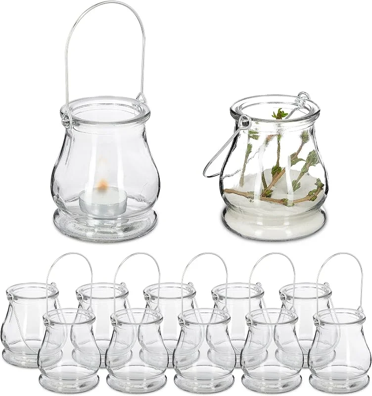 Besuche den Relaxdays-Store Relaxdays Windlicht, 12er Set, aus Glas, Henkel zum Aufhängen, transparent — Kerzenlicht Abendessen