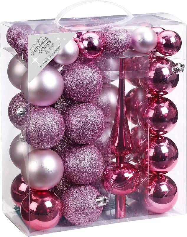 Besuche den Inge-glas-Store Inge-glas 47 Christbaumkugeln Kunststoff 4cm und 6cm mit Spitze Set, Farbe: rosa Glanz, matt — Weihnachtsdeko