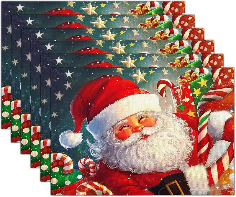Marke: GDJSMIN 2er Set Platzset Weihnachten Tischset Rot Weihnachten Leinen Platzdeckchen 30x45cm Weihnachtsthema Tischsets mit Weihnachtsmann-Zuckerstangen-Illustration Weihnachtsdeko — Küche & Haushalt