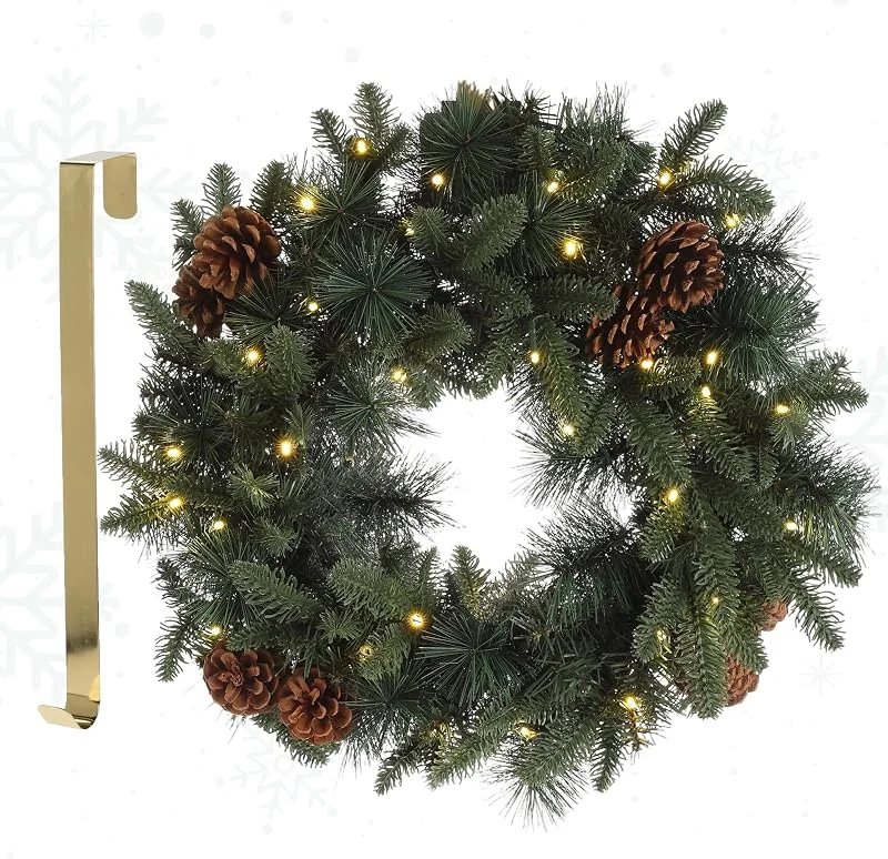 Marke: Meisterhome MeisterHome ® Künstlicher Weihnachtskranz Adventskranz für Tür Ø 60 cm - Weihnachtlicher Türkranz für Innen und Außen mit 50 LEDs, Timer und Kiefernzapfen-Beeren-Dekoration + Goldfarbener Aufhänger — Weihnachtsdeko