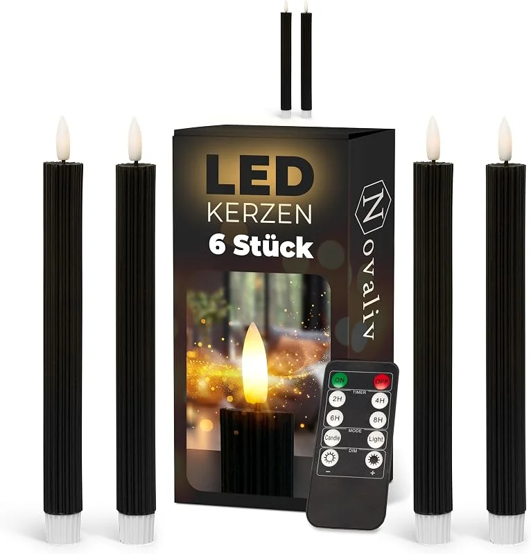 Besuche den Novaliv-Store Novaliv Stabkerzen LED mit Timer SCHWARZ 6 Stück Indoor 6 Stunden ECHTWACHS gerippt 23cm Höhe für Kerzen 2, 2cm Durchmesser 2 AAA Batterien notwendig LED Stabkerzen 2er Set SCHWARZ (zwei Mal) — Kerzenlicht Abendessen