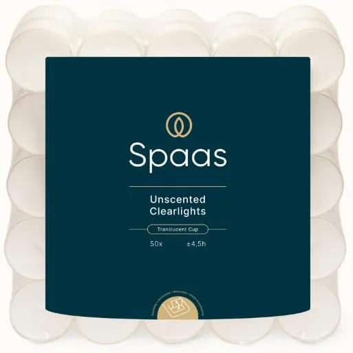 Besuche den Spaas-Store SPAAS 50 Clearlights, Teelichter mit durchsichtigem Halter, ± 4, 5 Stunden, ohne Duft - weiß — Kerzenlicht Abendessen