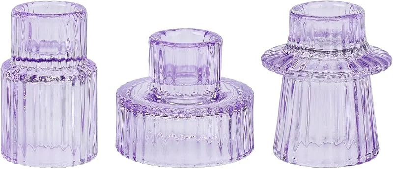 Besuche den HofferRuffer-Store HofferRuffer Glas Kerzenhalter 2-in-1 Teelichthalter Kerzenhalter Taper Kerzen für Abendessen, Hochzeit, Urlaub, Geburtstag, Heimdekoration, Weihnachten(3Pcs Lila) — Kerzenlicht Abendessen