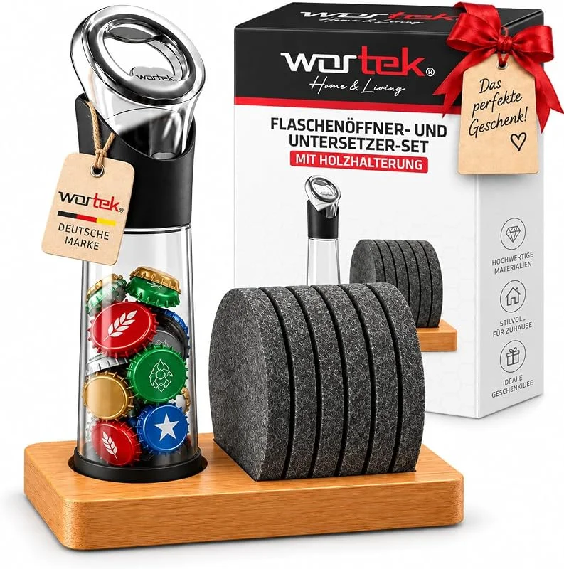 Besuche den wortek-Store wortek Flaschenöffner mit Auffangbehälter & Filz Untersetzer Set mit Halter — Wein und Festtafel