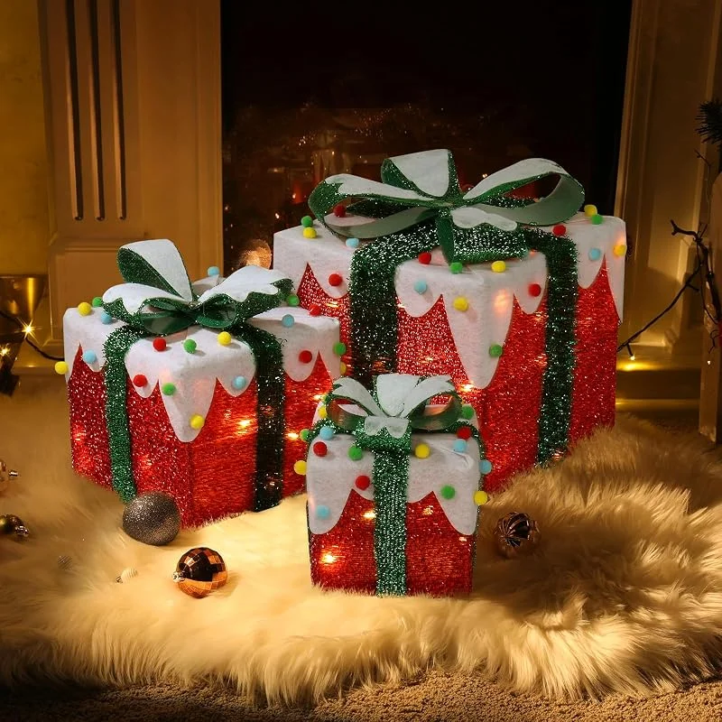 Besuche den LEADZM-Store LEADZM Weihnachtsdeko Geschenke - 3er Set - LED geschenkbox Weihnachten-warm weiß beleuchtet - Batterie betrieben - für Christbaumschmuck (Rot) — Geschenkverpackung
