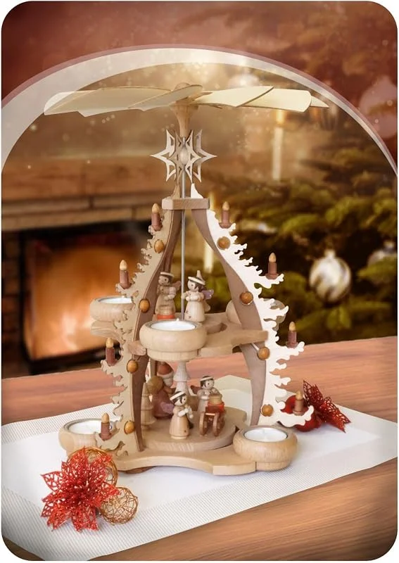 Besuche den Rudolphs Schatzkiste-Store Rudolphs Schatzkiste Tischpyramide Bescherung 2-stöckig Natur BxH 26x24cm NEU Holzpyramide Tischdekoration Dekoration Weihnachten Wärmespiel Lichter Figur Edelholz Seiffen Erzgebirge Holz Flügel — Weihnachtsdeko