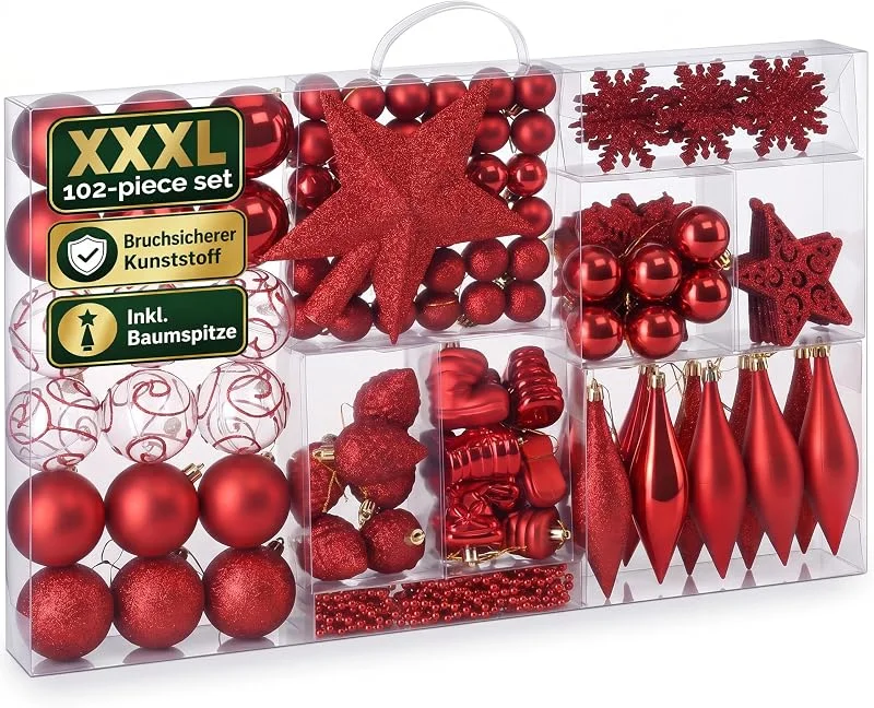 Besuche den Deuba-Store DEUBA® Weihnachtskugeln Set 102-teilig Rot Ø 3–6 cm aus Kunststoff — Weihnachtsdeko