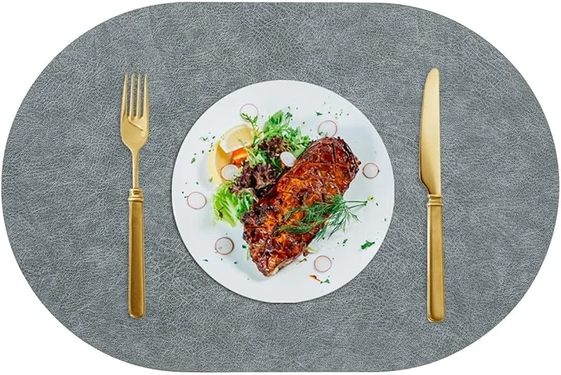 Besuche den Epinki-Store Epinki Tischsets Platzsets Abwaschbar Vintage Oval, 2Pcs Set PVC Leder Platzmatten Abwaschbar Umkehrbar Einfarbig Rindsleder Textur Hitzebeständige, Tischuntersetzer Grau für Speisetisch, 30x45CM — Küche & Haushalt