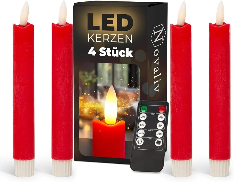 Besuche den Novaliv-Store Stabkerzen LED mit Timer ROT 4 Stück ROT indoor - 6 Stunden - ECHTWACHS 18cm Höhe für Kerzen 2, 2cm Durchmesser 2 AAA Batterien notwendig LED Stabkerzen flackernde Flamme bewegliche Flamme Licht — Advent und Tisch
