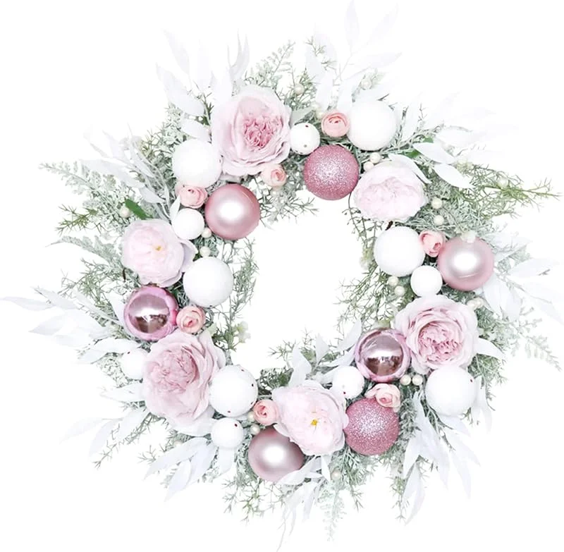 Marke: WUHNGD Rosa künstlicher Weihnachtskranz, künstliche Pfingstrosen, Blumenkranz mit bruchsicheren Kugeln, Ornamenten, hängende Dekoration, Tür, Wandgirlande für Haustür, Bauernhaus, Urlaub, Partyzubehör — Weihnachtsdeko