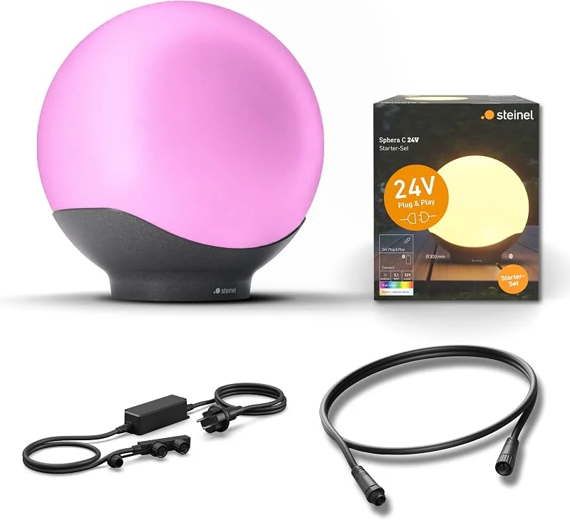 Besuche den Steinel-Store Steinel Sphera C 24V Starter-Set LED-Kugelleuchte, Ø30 Cm, inkl. 1X Kugellampe, 35 W Netzteil und 1m Kabel, 16 Mio. Farben, App-Steuerung, Plug & Play, Außenbereich, Weiß — Weihnachtsbeleuchtung