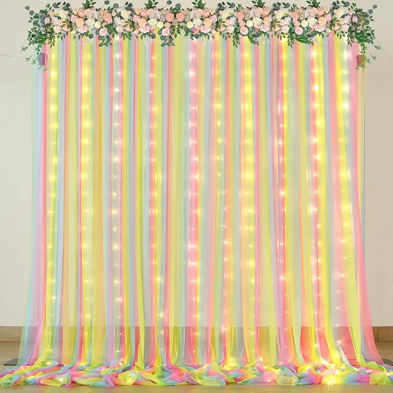 Marke: Suppromo Regenbogen-Tüll-Hintergrundvorhang mit Lichterkette, 3 x 2, 4 m, Regenbogen-Vorhänge für Mädchen, Geburtstagsparty, Babyparty, Fotoshooting, Hintergrunddekorationen — Weihnachtsbeleuchtung
