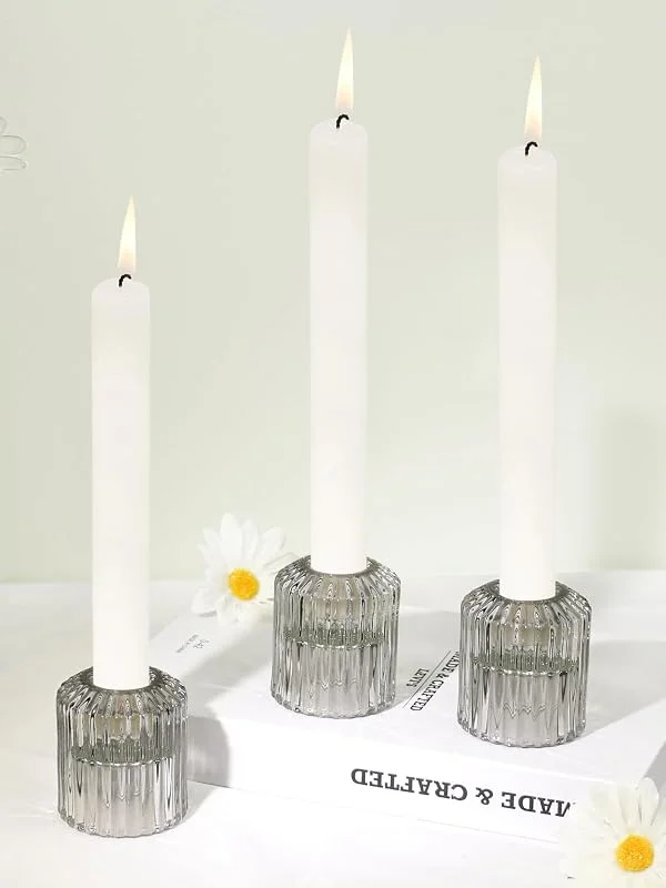 Besuche den HofferRuffer-Store HofferRuffer Kerzenhalter aus Glas für Stabkerzen & Teelichtkerzen, Kerzenständer Stabkerzenhalter für Tischdekoration, Hochzeit, Party, Weihnachten, Wohnkultur (Grau, 3 Stück) — Kerzenlicht Abendessen