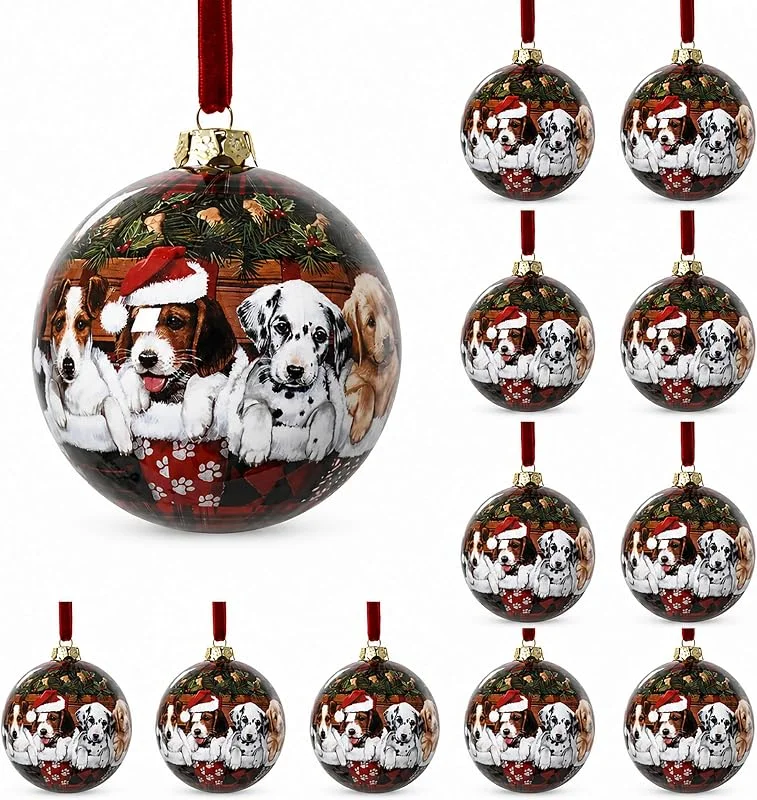 Marke: Decoris Weihnachtskugel Kunststoff 8cm mit Hundewelpen Motiv 12er Set - Bunt — Weihnachtsdeko