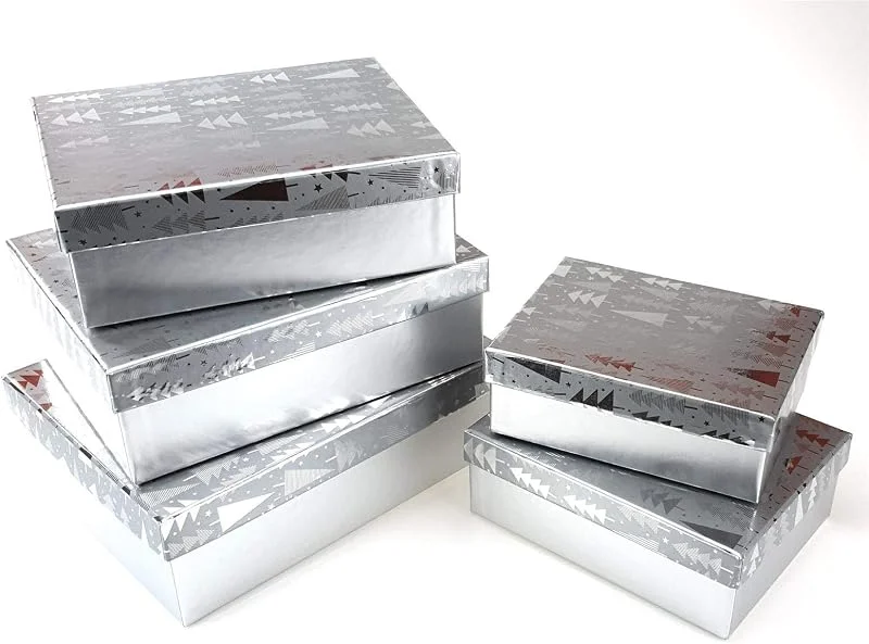 Besuche den Bambelaa!-Store Bambelaa! Geschenkbox 5er Set Silber Geschenkverpackung Kartonagen Geschenkschachtel Weihnachten Groß 24, 5x18, 5x8 cm Klein 16, 5x12, 5x6 cm