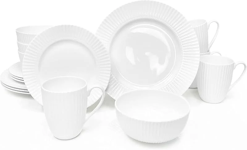 Marke: QOUTIQUE Geschirr-Set, 16-teilig, Knochenporzellan, Service für 4 Personen, weiß geprägt, gestreift, mikrowellengeeignet, splitterfest, Geschirr, für formelle Freizeit und Alltag, Teller und Schüsseln — Advent und Tisch