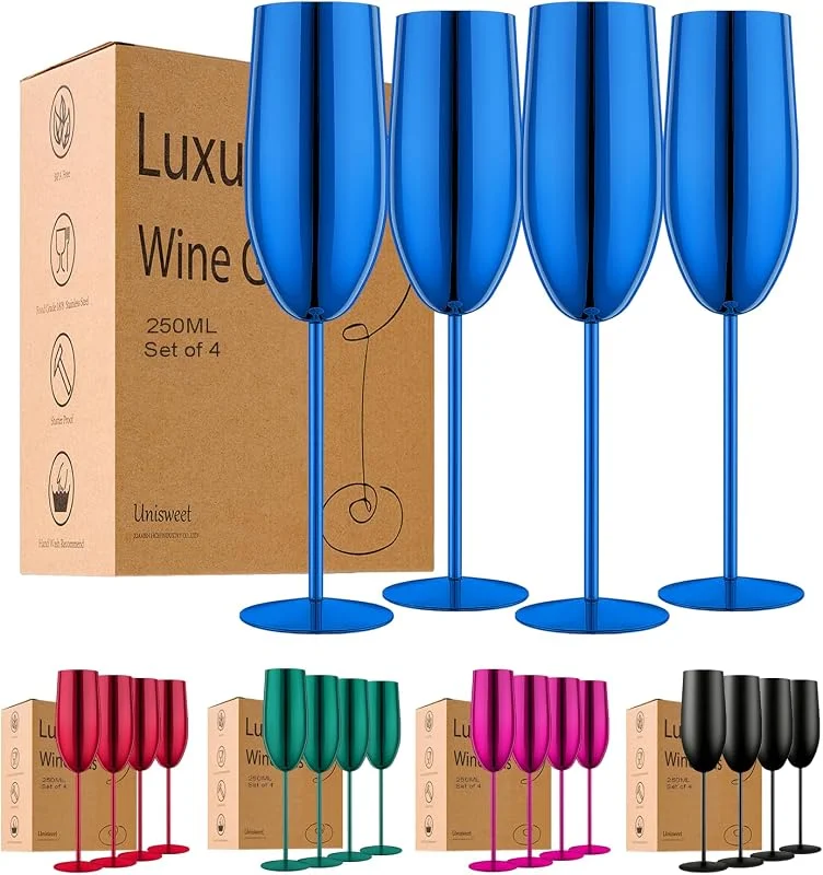 Marke: UNISWEET UNISWEET Champagnerflöten aus Edelstahl, 4er-Set, Hochzeits- und Geburtstagsgeschenke, unzerbrechliches Champagnerglas mit langem Stiel, wiederverwendbar, für drinnen und draußen, 240 ml, Blau — Wein und Festtafel