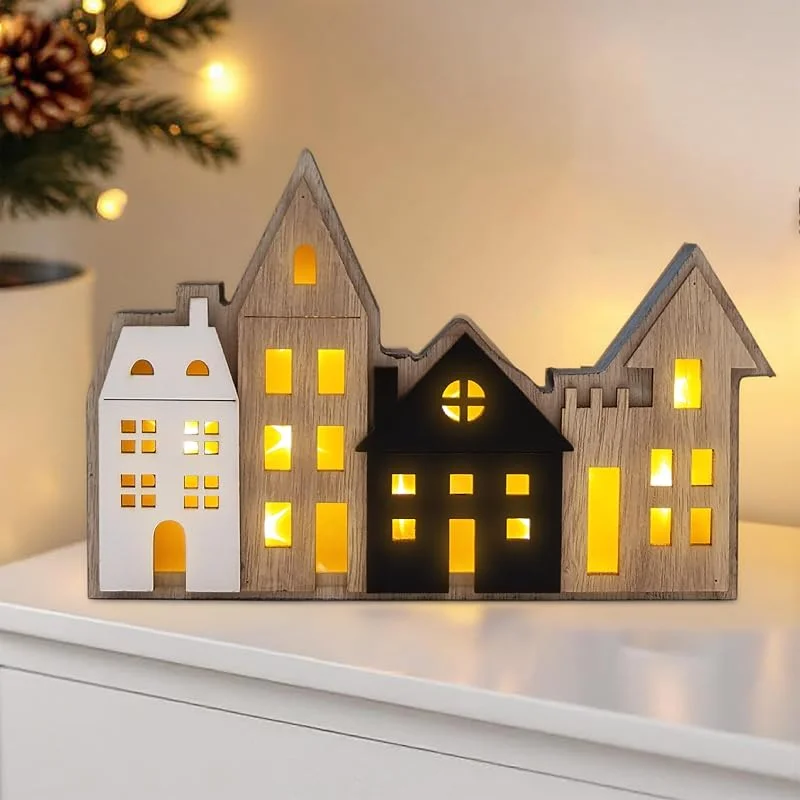 Besuche den Spetebo-Store Spetebo LED Weihnachts Stadt Aufsteller aus Holz - 23 x 16 cm - Deko Häuserzeile warm weiß beleuchtet - Weihnachtsdorf Skyline Silhouette Tisch Fenster Advent Deko — Weihnachtsdeko