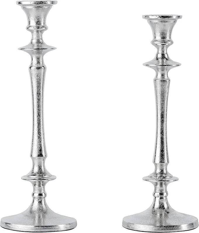 Besuche den MichaelNoll-Store 2er Set Kerzenständer Kerzenhalter Aluminium Silber Deko - Kerzenleuchter Modern für Stabkerzen - Tischdeko Hochzeit - Dekoration Wohnzimmer - H 30 und 32 cm — Kerzenlicht Abendessen